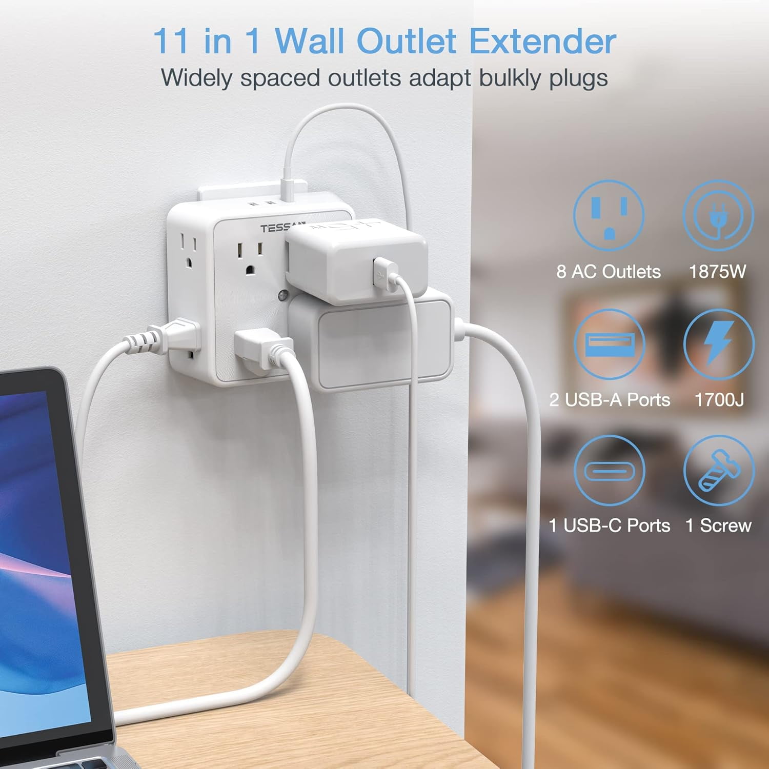 Sur Protector 8 Outlet Extender, Multi Outlet Splitter with 3 USB Wall Charr (1 USB C), 3-Sided Multiple Plug Power Strip 1700J, Charging Station for Home Office Dorm Room Essentials