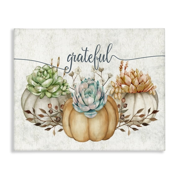 Stupell Industries Eclectic Grateful Sentiment Boho Succulent Pumpkins Autumn Leaves Canvas Art, 20 x 16, by Ziwei Li