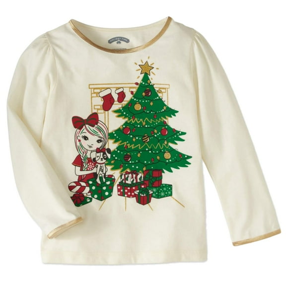 Toddler Girls Christmas Tree Gifts Puppy Dog Stocking Fireplace Tee Shirt 2T