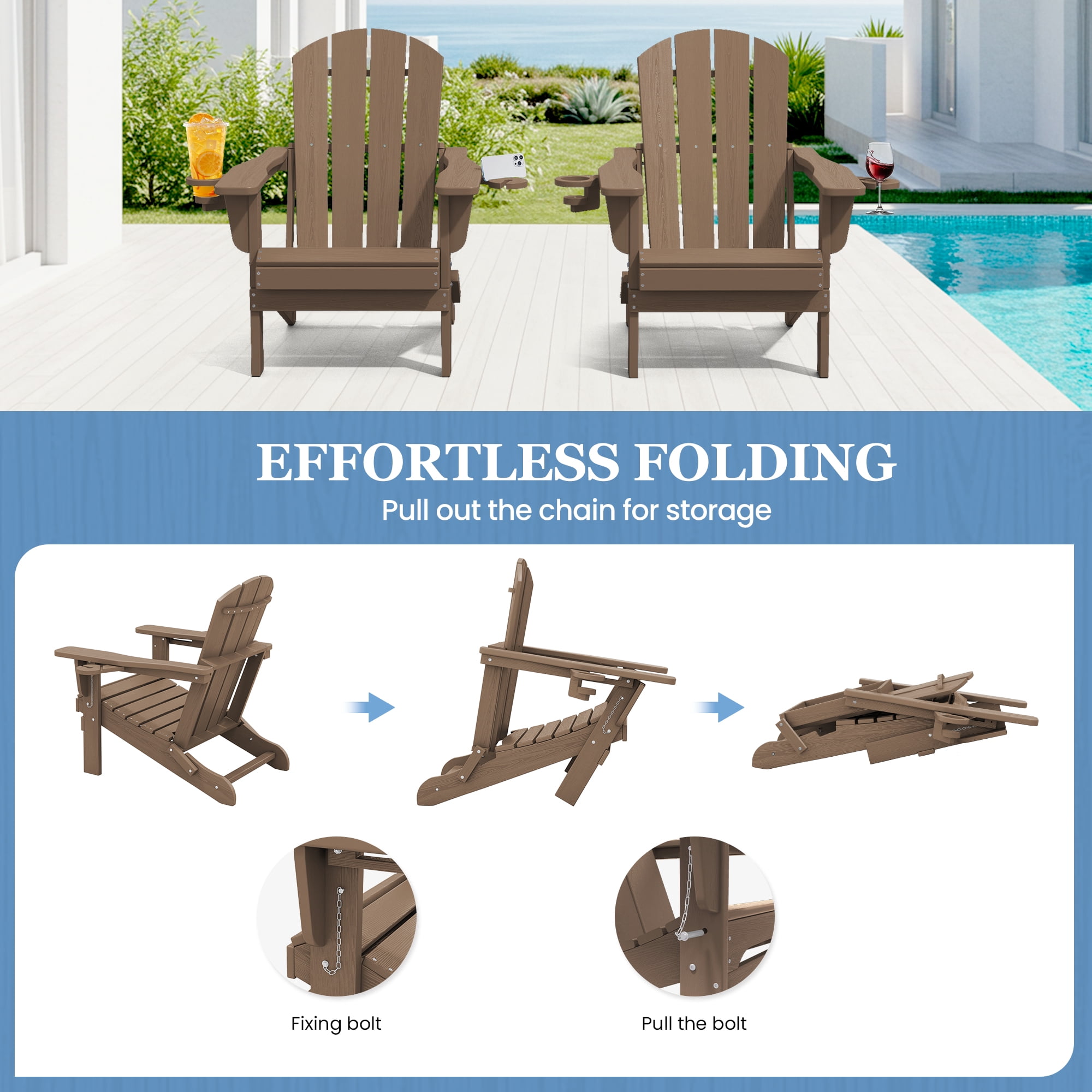 SERWALL Folding Adirondack Chair Set of 4 with Dual Cup Holders & Phone Holder, All-Weather HDPE Fire Pit Chairs for Outdoor, Patio, Poolside, Garden - Brown