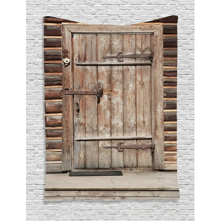Rustic Tapestry, Timber Rustic Door in Wall of An Old Log House Ancient Abandoned Building Entrance Gate, Wall Hanging for Bedroom Living Room Dorm Decor, Brown, by