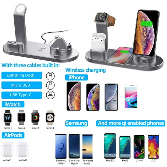 Wireless Charger 4 in 1 Wireless Charging Dock Compatible with Apple Watch 5 and Airpods Charging Station Fast Wireless Charging Stand for iPhone 11 11 Pro X XS XR Xs Max 8 8 PlusDeep Black
