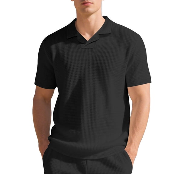 Men's Waffle Knit Polo Shirt Short Sleeve Collared Casual T-Shirt Comfortable & Breathable For Summer Daily Wear Stylish Tops,Black,L