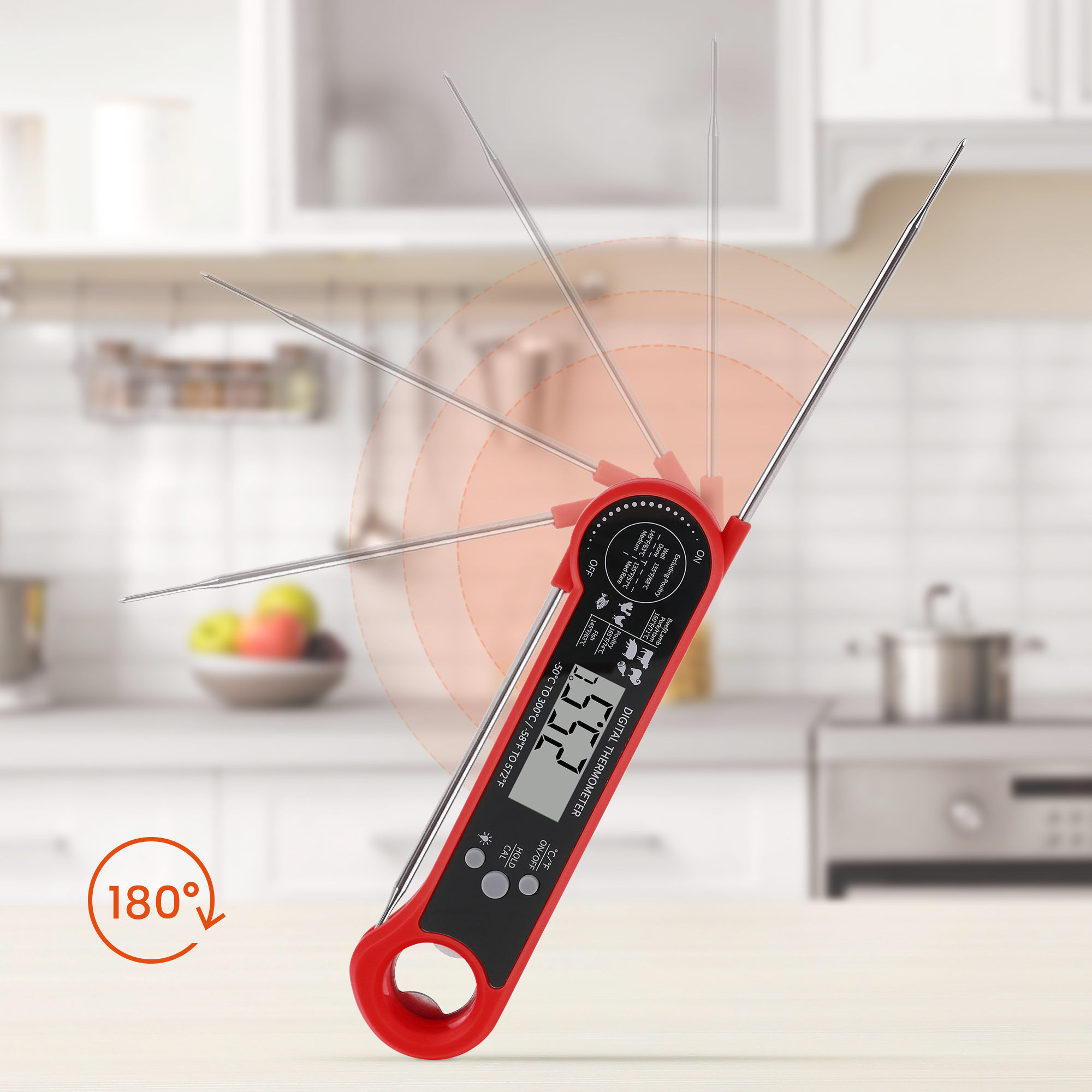 Unique Bargains Foldable Instant Read Cooking Thermometer Red 6.4x1.7x0.8 inch