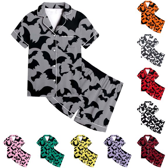 JAJAHO Toddlers And Kids Halloween Pajamas Set For Girls Satin 2 Pcs Pjs Bat Printed Short Sleeve Sleepwear Shorts Set 2-13Y
