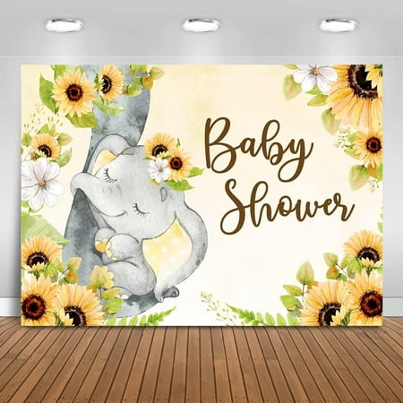 Image of Elephant Girl Baby Shower Backdrop Sunflower Elephant Baby Party Decoration 7X5ft Vinyl Girl Cute Little Baby Elephant Photography Background