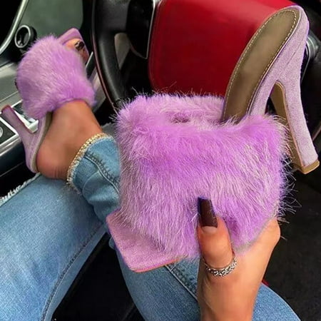 

High Heels Women Fashion Summer Furry One-Line Thick Heels High-Heeled Slippers