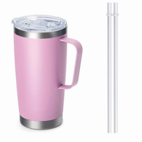 20 oz Tumbler Mug with Lid and 2 Straws, Insulated Travel Coffee Mug with Handle, Double Wall Stainless Steel Vacuum Coffee Tumbler, Thermal Coffee Cup(Pink)