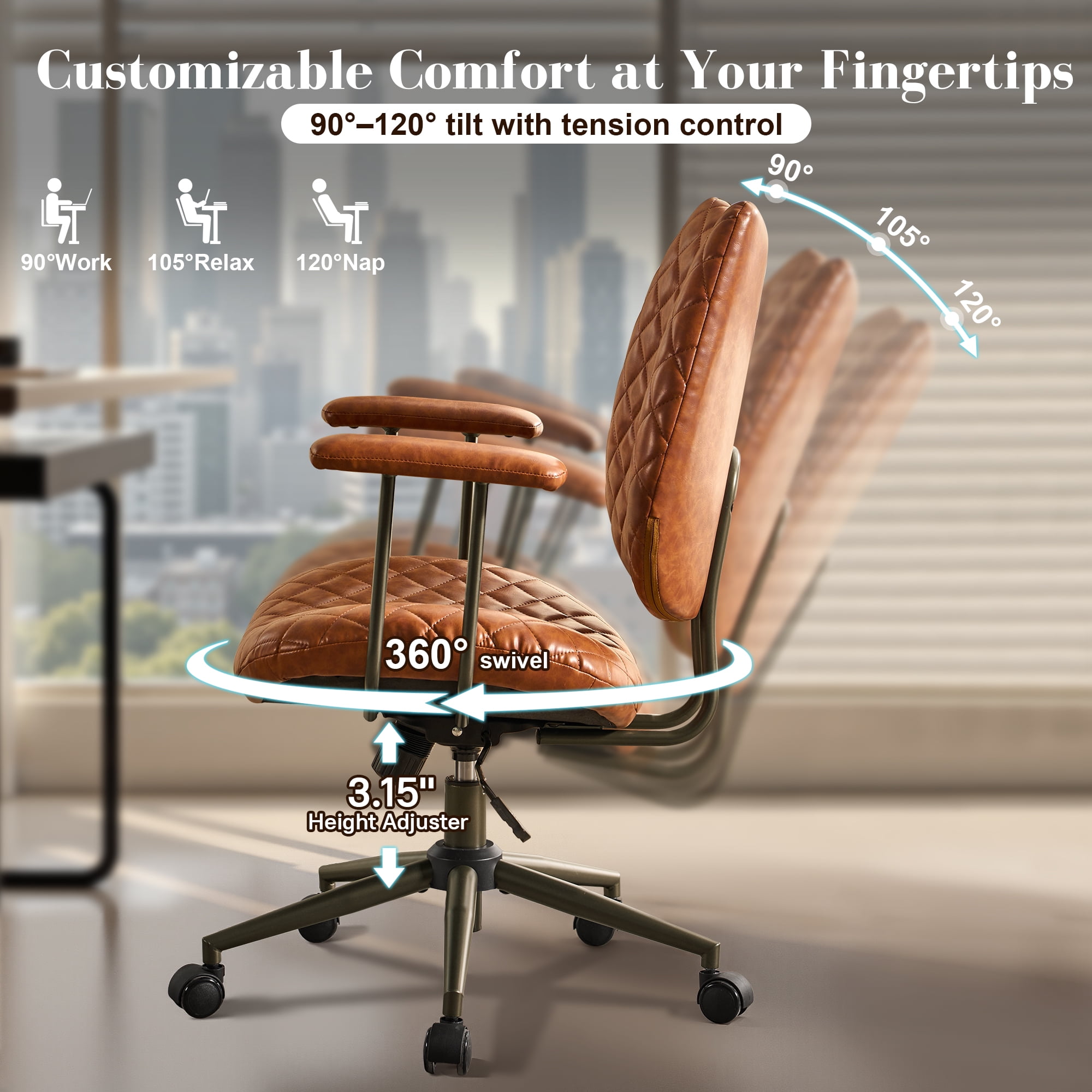 Toject Office Chair, Executive Desk Chair with Lumbar Support, Comfy Office Chair Adjustable Height Rolling Swivel Chair, Computer Chair Task Chair for Office Area, PU Leather, Brown