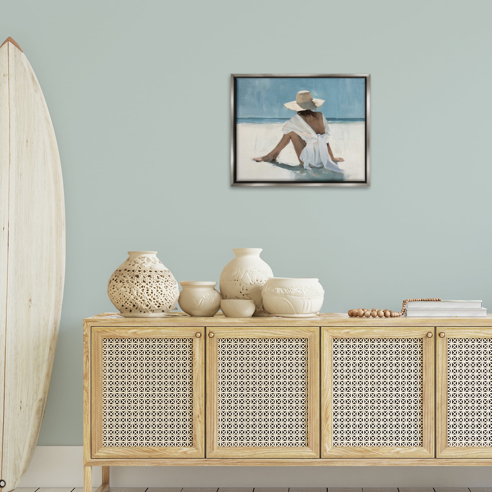 Stupell Industries Ocean Dream Woman People Painting Gray Floater Framed Canvas Art Print Wall Art, 21 x 17