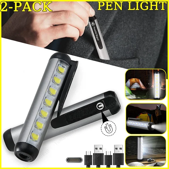 2X Led Flashlight Clip Mini Light Penlight Pocket Portable Pen Torch Lamp Type-C