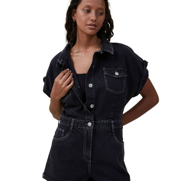 Cotton On Womens Denim Romper Jumpsuit, Black, 2