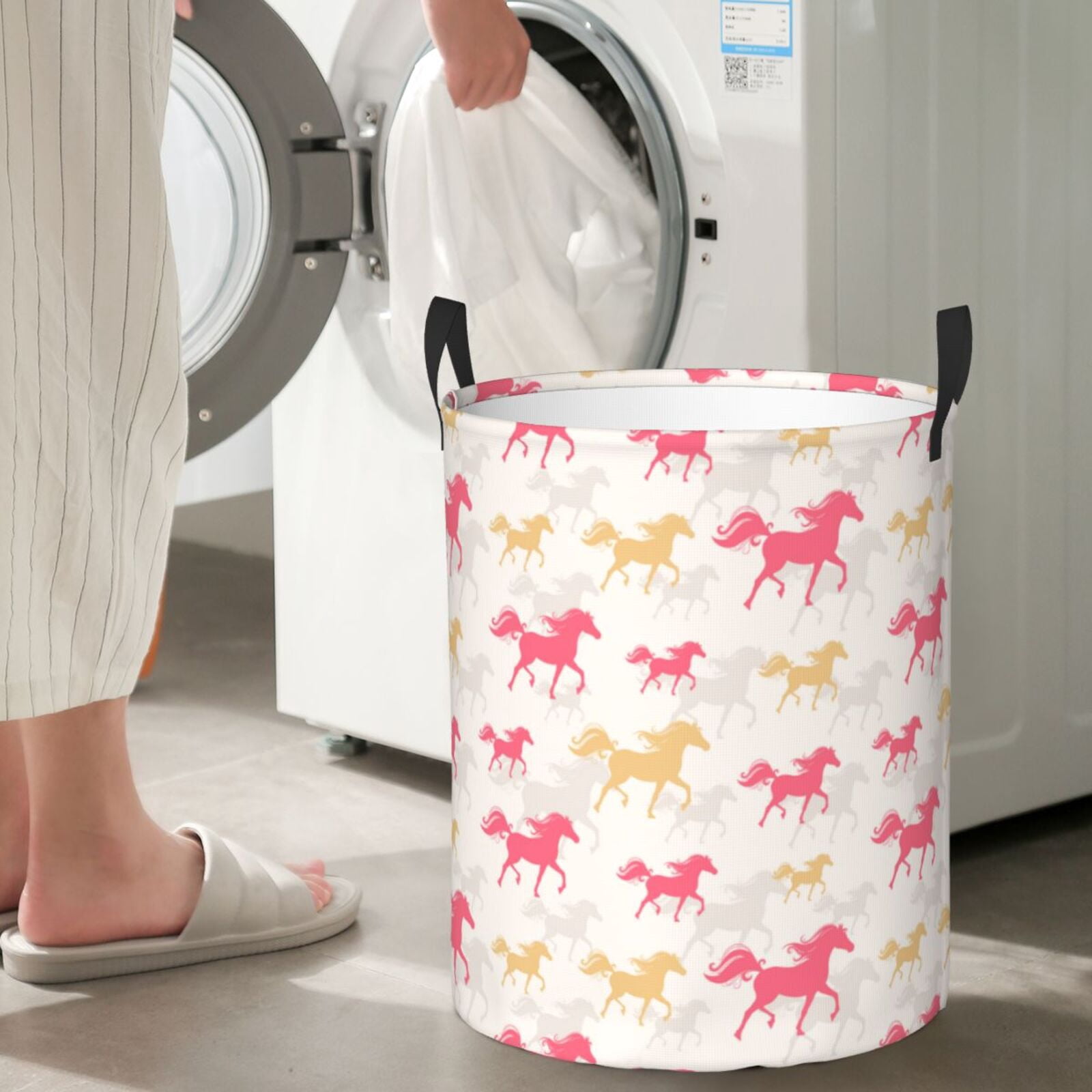 Large Laundry Basket with Handles - Minimalist Multicolor Horse Pink Kids Baby Dirty Clothes Laundry Hamper for Bedroom Aesthetic