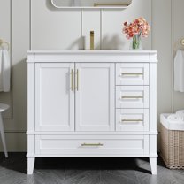 FORCLOVER 36'' White Bathroom Vanity with Sink, Solid Wood Cabinet, 2 Soft Close Doors & 4 Drawers, Brushed Gold Hardware, Ceramic Top