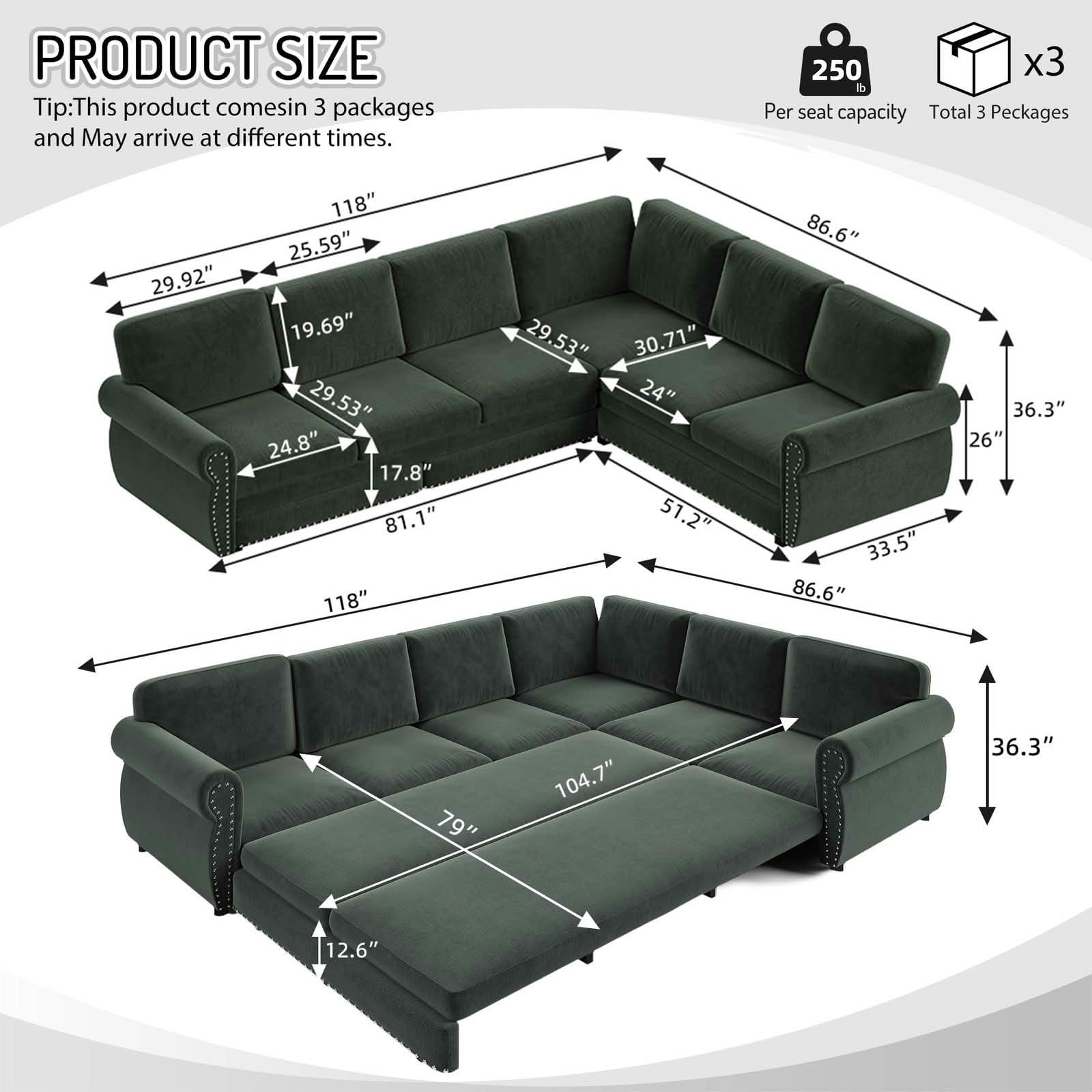 MAYEERTY 118" L‑Shaped Convertible Pull‑Out Sofa Bed, Chenille Sectional Couch with Nailhead Trim & Rolled Arms, Oversized Multifunctional Sleeper Sofa