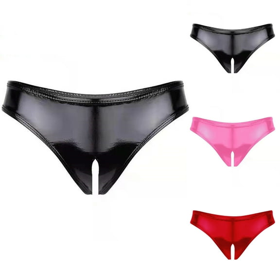Akafmk Plus Size Underwear for Women Low Waisted Lace Briefs Solid Color PVC Patent Leather Open Style Comfortable Breathable Underwear Panties, Sizes S-3XL