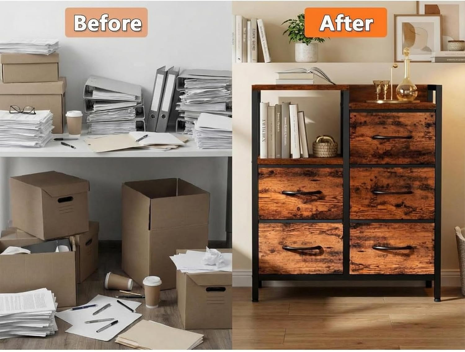 5 Drawer Mobile File Cabinet with Open Storage Shelf, Rolling Printer Stand and Fabric Lateral Filing Cabinet for Home Office, Fits A4 or Letter Size Files, Wood Color
