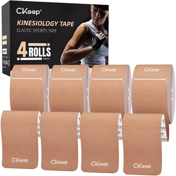 4 Rolls Kinesiology Tape, Original Cotton Elastic Athletic Tape, 20 Precut 10" Strips Each, Beige, Ideal for Muscle Support & Injury Prevention