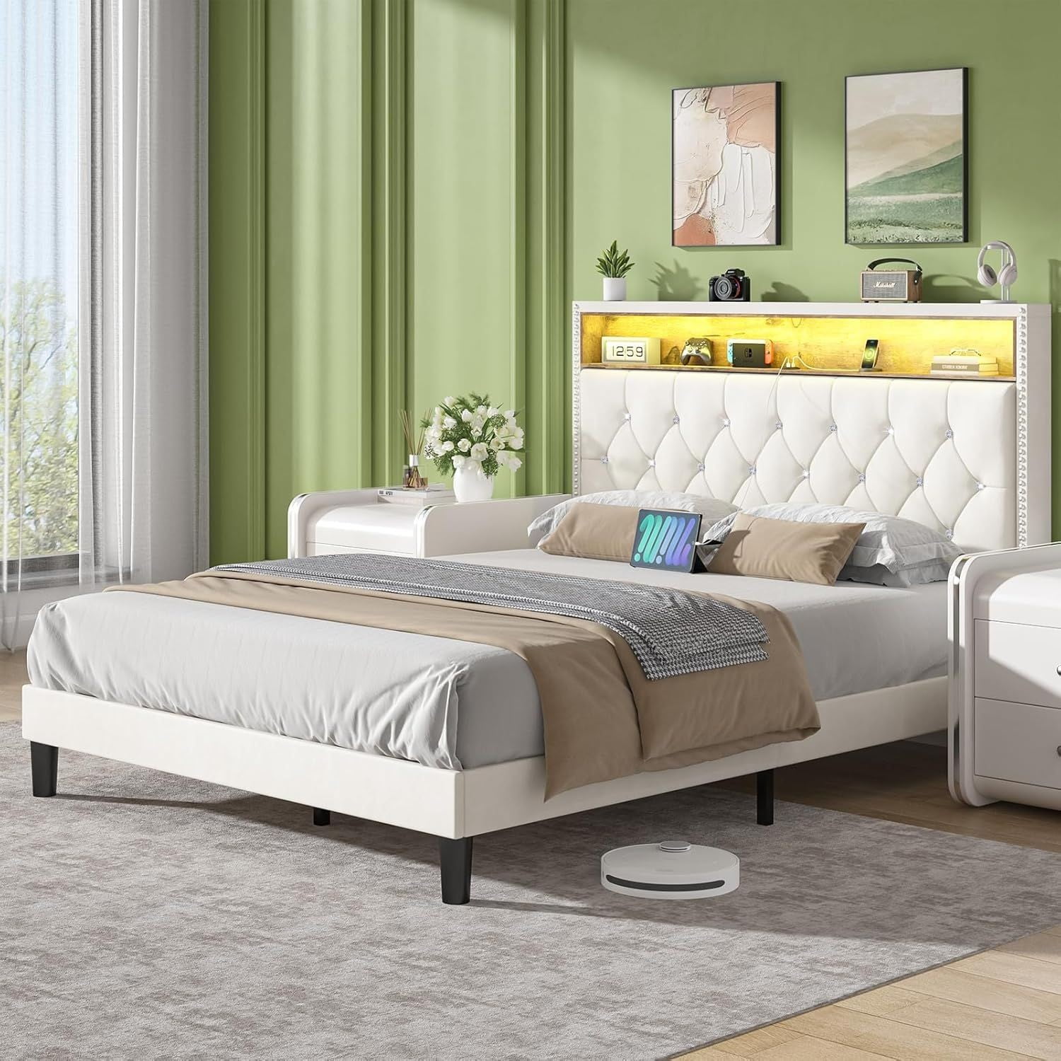 4 EVER WINNER Full Size Bed Frame with Storage Headboard, Velvet Upholstered Bed Frame with LED Light, White Full Bed Frame with Charge Station, White