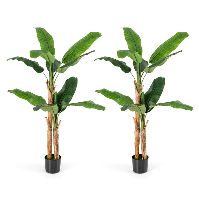 Costway 2 PCS 5.5 FT Tall Artificial Banana Tree with 10 Large Leaves Double Stalks Natural Bark