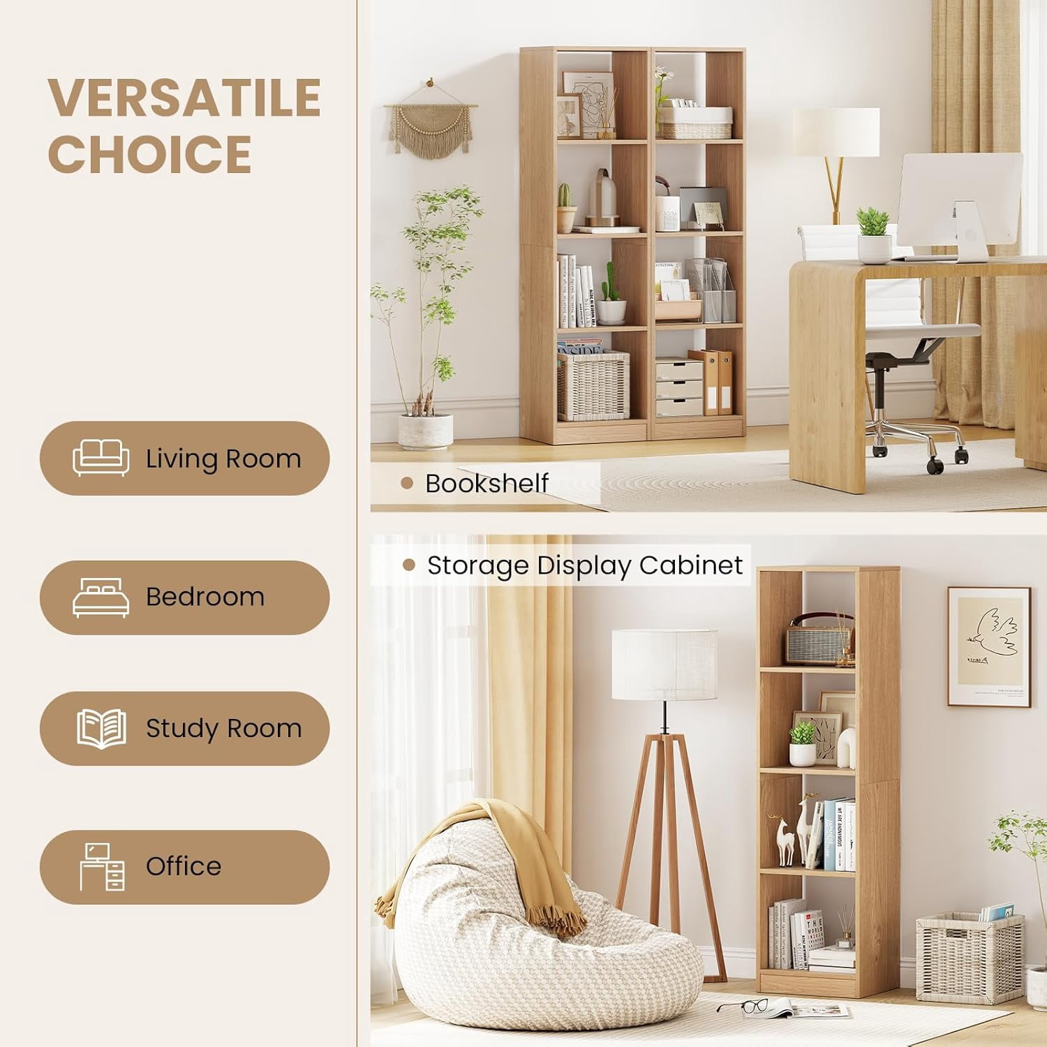 56" Tall 4 Cube Bookcase, Natural Freestanding 15" Wide 5-Tier Narrow Open Display Bookshelf w/ 4 Anti-Tipping Kits, Wooden Cube Storage Organizer for Small Place, Living Room, Bedroom