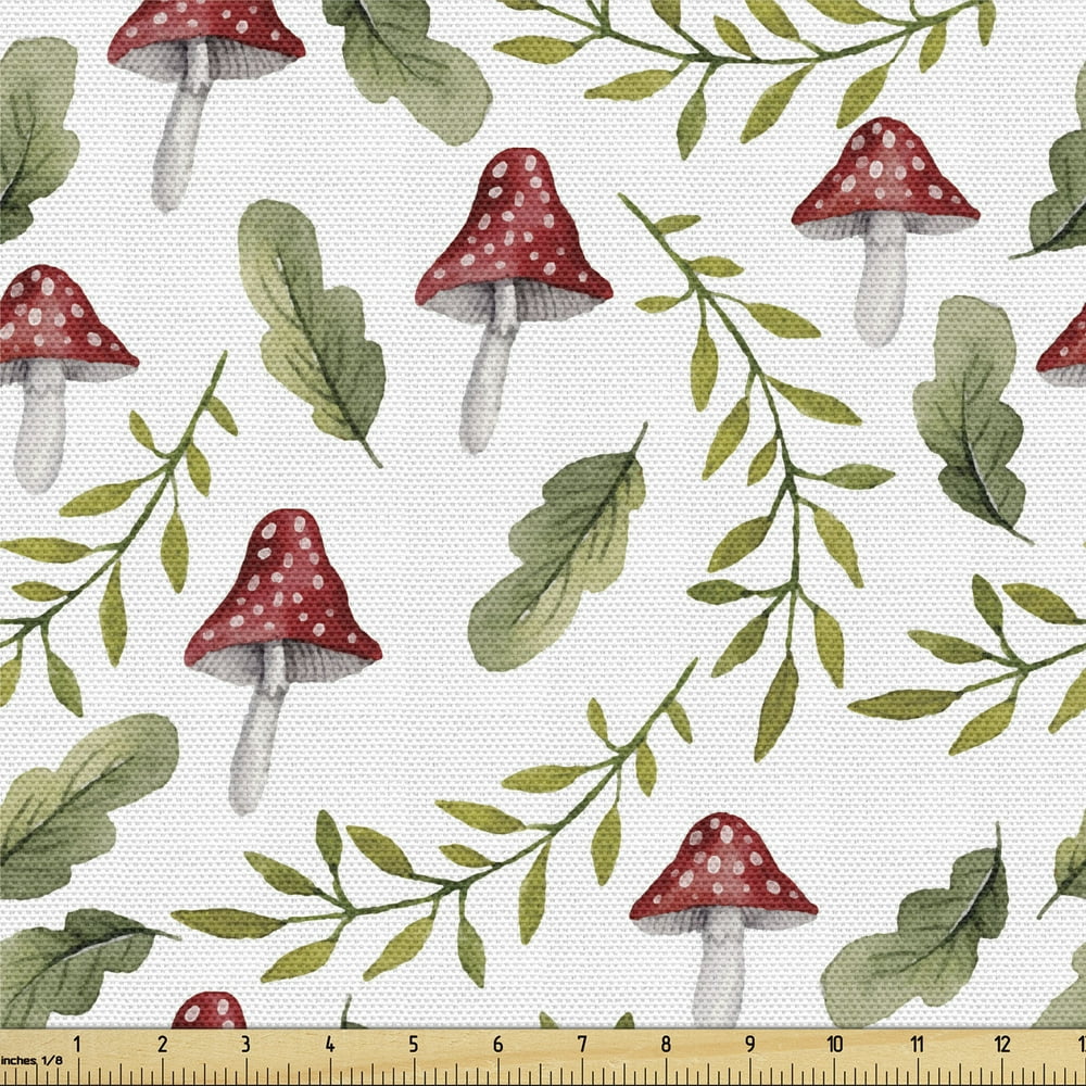 Mushroom Fabric by The Yard, Watercolor Pattern Green Leaves Forest