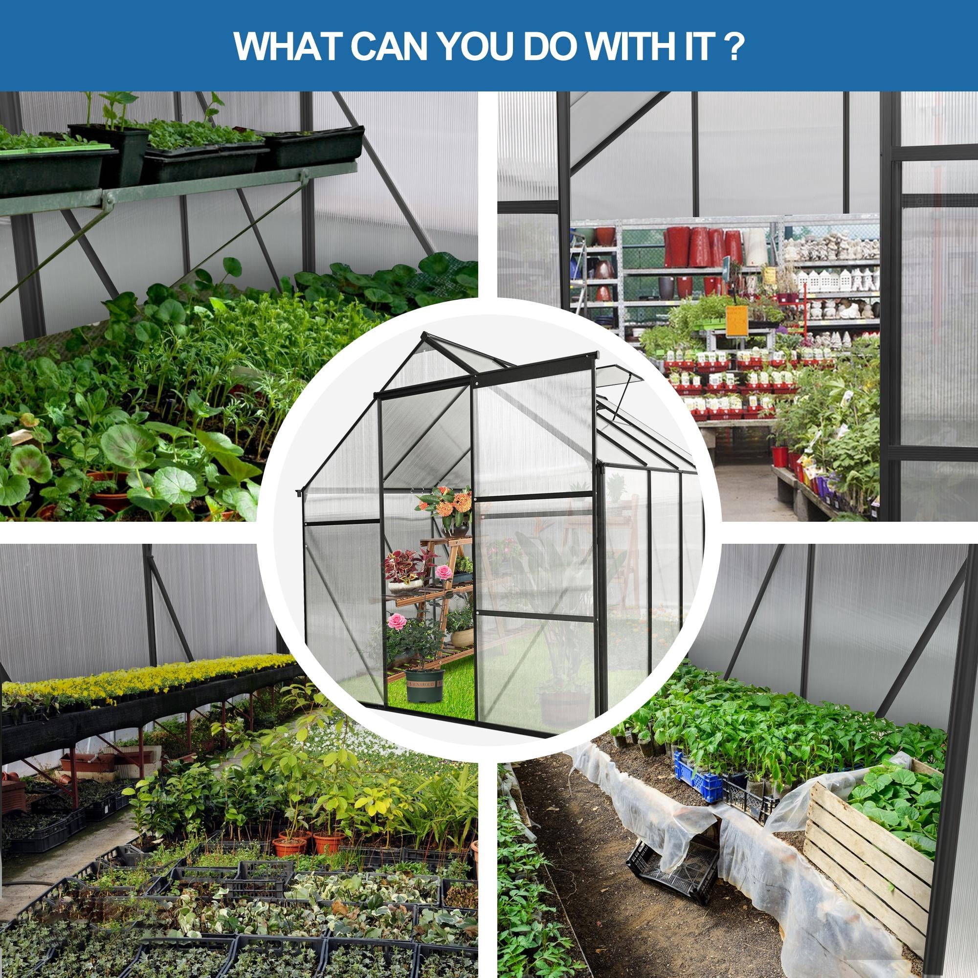 Walk-in Green House for Outisde, Seizeen Heavy Duty Polycarbonate Greenhouse with Aluminum Frame, Raised Base, Skylight, Sliding Door, 6x8FT