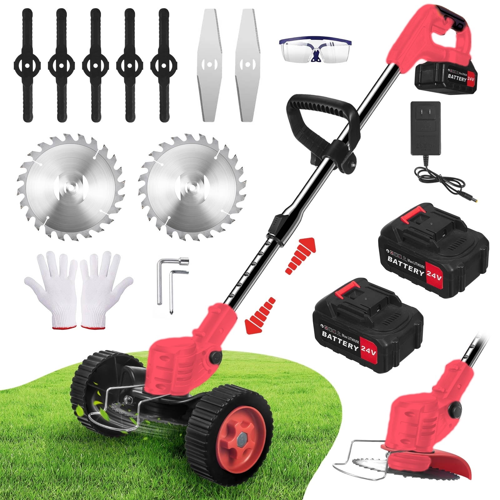 JLLOM Electric Weed Eater, Weed Wacker 3 in 1 Cordless Push Lawn Trimmer with Wheels Weed Eater Tool with Adjustable Handle 3 Function Blades Weed Eater Brush Cutter for Yard and Garden (Red)