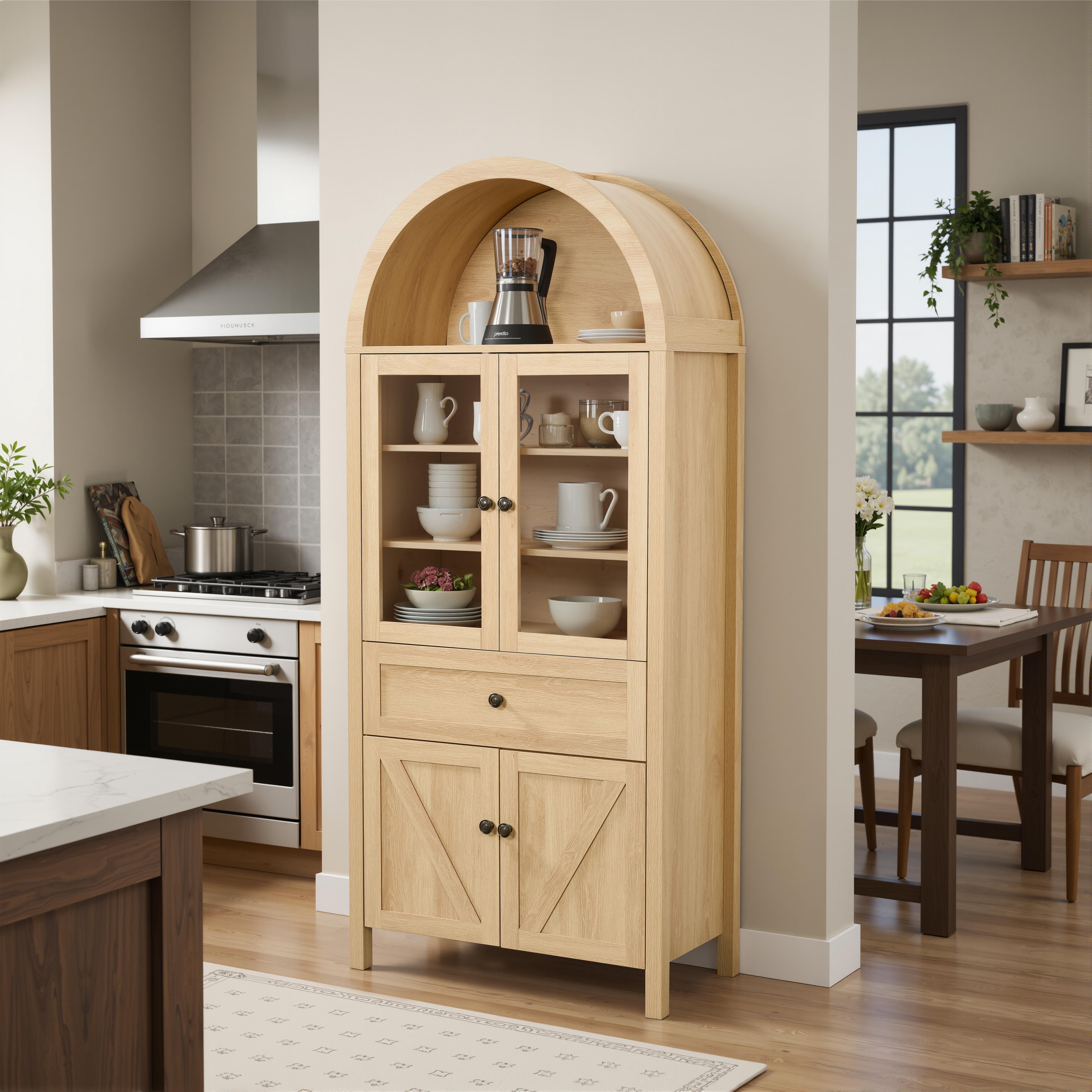 PAPROOS 71'' Arched Pantry Storage Cabinet, Kitchen Pantry Cabinet with Drawers and Doors, Adjustable Shelves, Display Cabinet for Dining Room Living Room, Natural