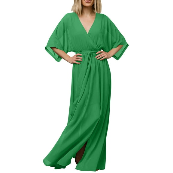 LLYwey s Knitted Dresses for Women Summer Casual Half Sleeve Boho Solid V-Neck Split with Belt Dresses New Sweater Dresses Green M