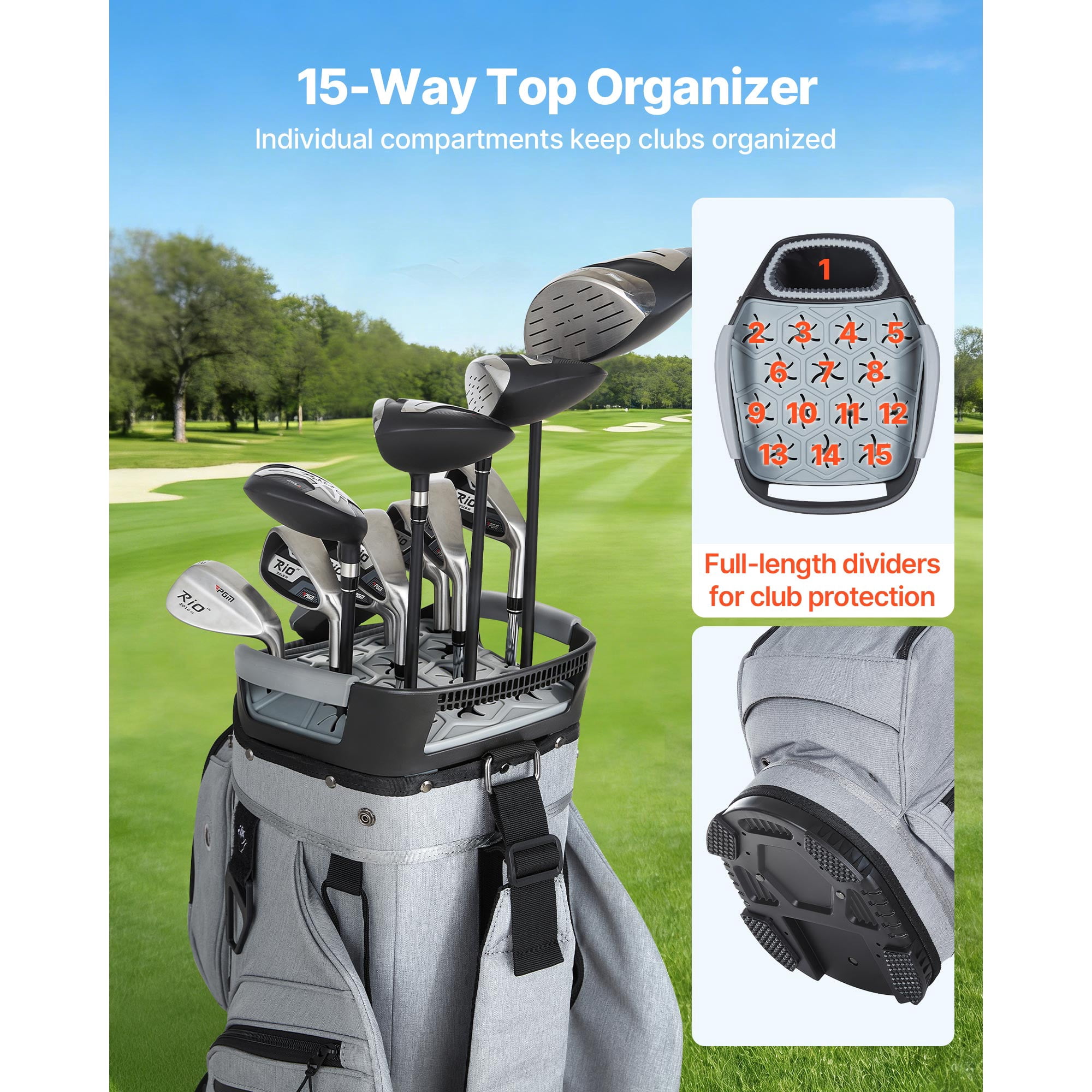 KFFKFF Golf Cart Bag with 15-Way Divider, Full-Length Club Protection, Rain Cover, Multiple Storage Pockets, Durable Polyester Material, Silicone Head Covers, and Comfortable Shoulder Strap