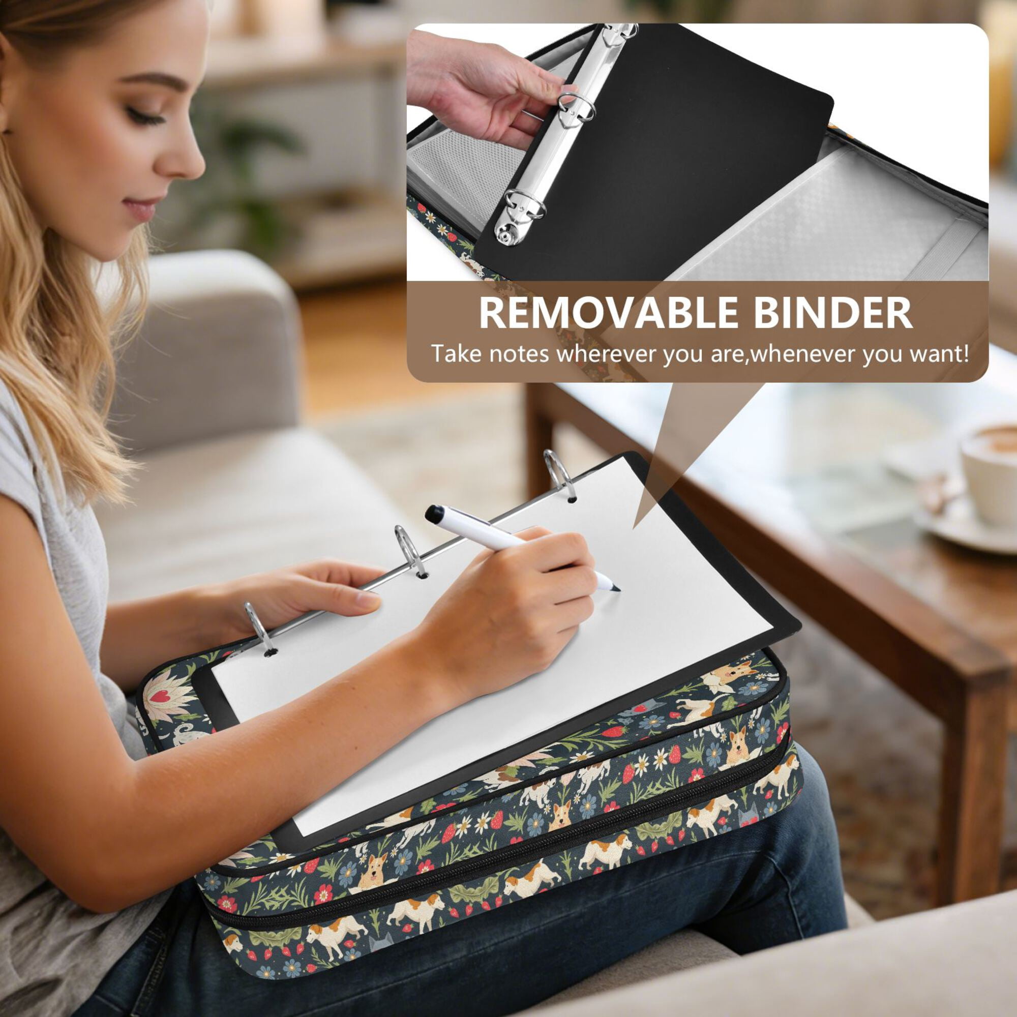 FORMRS Accordion File Folder A4 Size 7-Pocket Expanding Document Organizer Bag with 3 Ring Binder, Floral Dogs Pattern