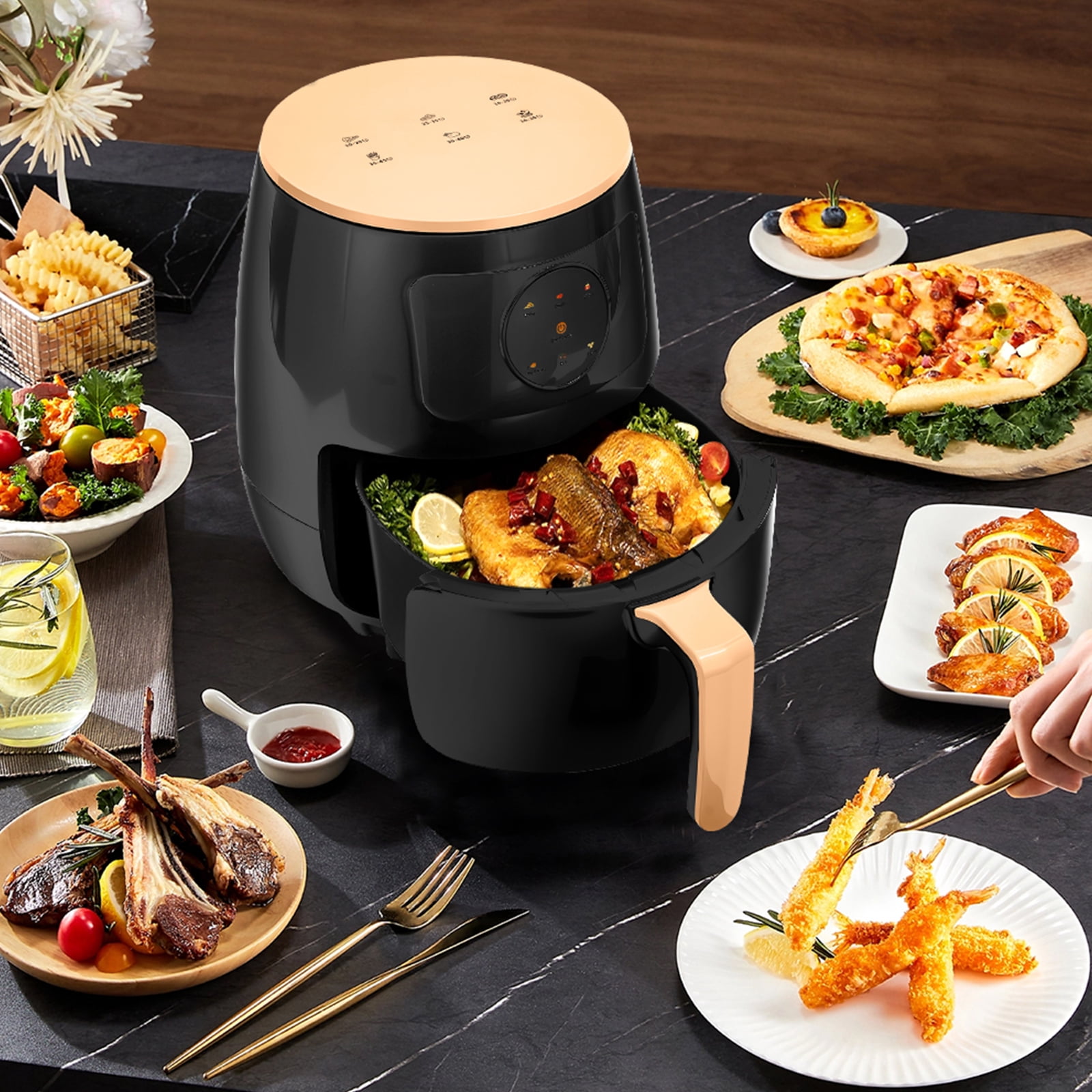 Air Fryer 5L , adjustable temperature up to 200°C, 0-60-minute timer, 7 preset menus, oil-free cooking, and 1350W power, ideal for families of 3-5 people.