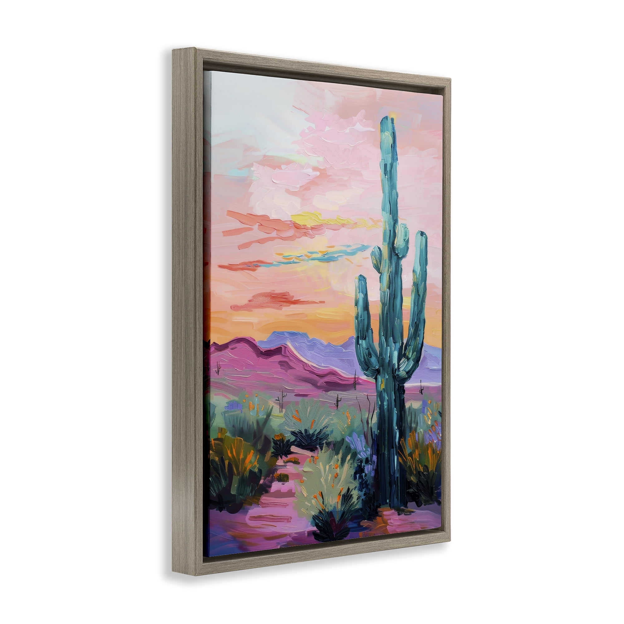 Stupell Industries Looming Cactus Pastel Sky Landscape & Nature Painting Brown Floater Framed Canvas Art Print Wall Art, 21 x 31