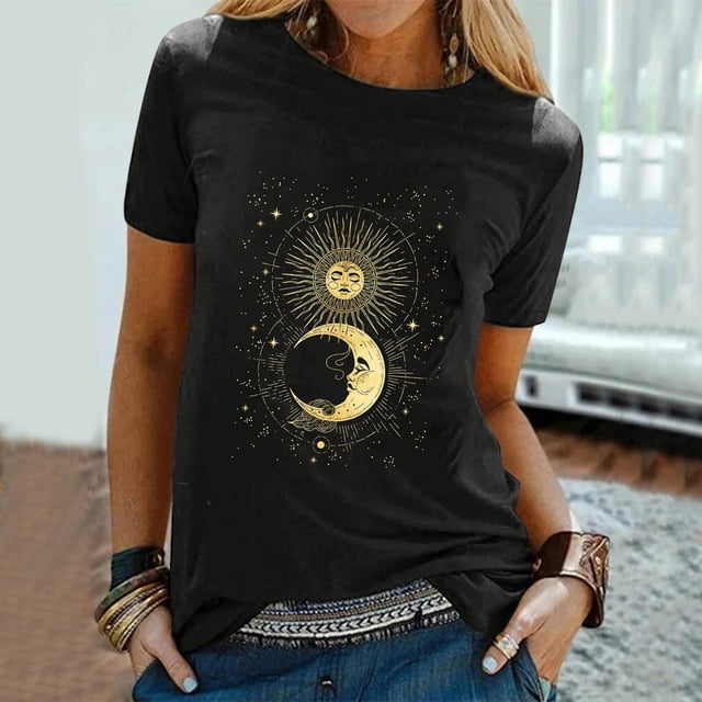 Pntutb - Camiseta con estampado de estrellas y sol para mujer, blusa con cuello redondo, camisetas de manga corta Pntutb Pntutb-7875