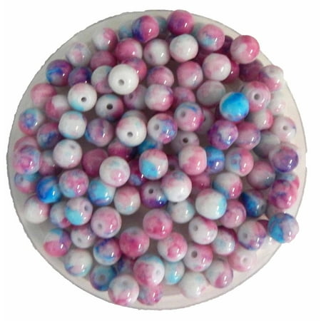 8mm Millefiori Glass - 8mm Round Marbled Luster Glass, Loose Beads, 100, Loose Beads, Pink N Blue