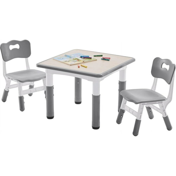 LEIYY Kids Table and 2 Chairs Set, Height-Adjustable Toddler Table and Chairs Set with Graffiti Desktop, 23.6''L x 23.6''W Children Activity Table for Daycare, Classroom, Home  Grey