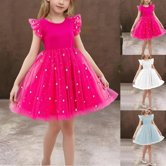 Pounoo New Kids Dresses Girls Cute Print Sleeveless Flower Girl Dresses Round Neck Knee Length Dress Lace Stretchable Girls Dresses 7-8