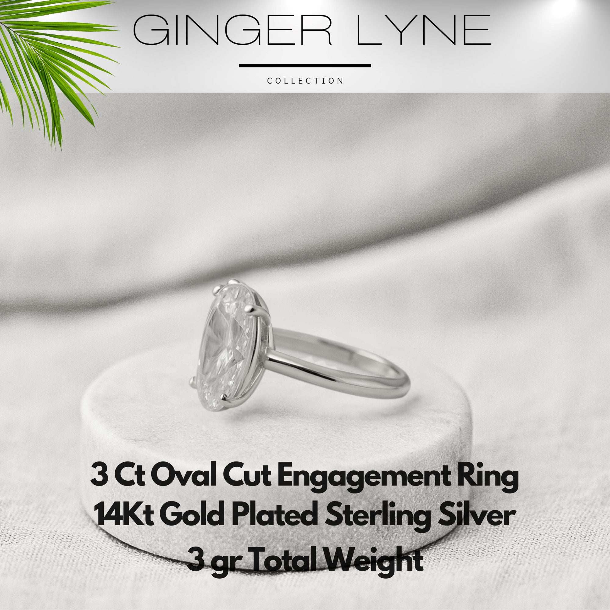Solitaire 3Ct Oval Cut Engagement Ring for Women Sterling Silver 8A CZ Ginger Lyne Collection