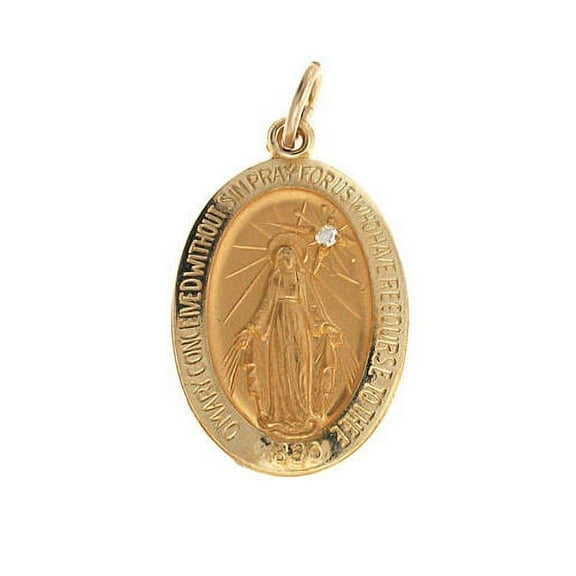PicturesOnGold.com 14K Gold Miraculous Medal [H] W/ Diamond - 1/4 inch Wide x 1/2 inch Tall