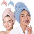 thumbnail image 1 of Toalla de Microfibra para Cabello 2 Pack; Secado de Pelo Rápido; Gorro Absorbente de Agua para Mujeres; Turbante Suave de Baño con Botones (Rosa + Azul), 1 of 4