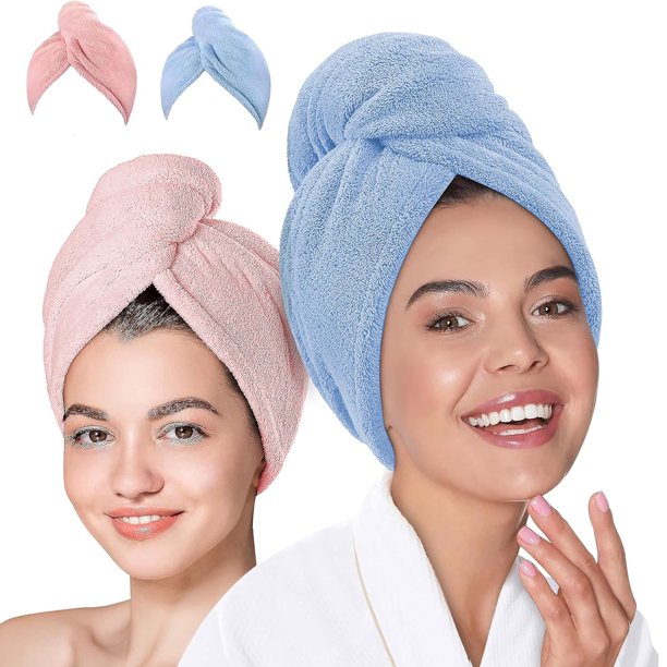 Toalla de Microfibra para Cabello 2 Pack; Secado de Pelo Rápido; Gorro Absorbente de Agua para Mujeres; Turbante Suave de Baño con Botones (Rosa + Azul)