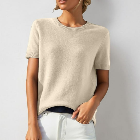 TrendOFT Short Sleeve Sweaters for Women Wool Blend Crew Neck Sweater Shirts Business Casual Work Tops 2026 Summer Tops Beige L