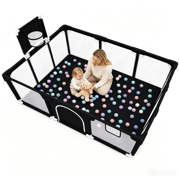 Baby Playpen, HDJ 71 inch Extra Large Baby Playard with Basketball Hoop, Toddlers Play Yard Fence for Indoors Outdoors, Black
