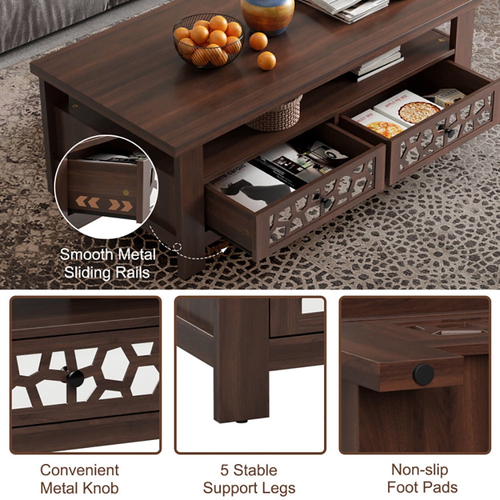 Finihen Coffee Table, Rectangular Coffee Table, 3-tier Coffee Table with 2 Drawers and 5 Support Legs, for Living Room, Reception Room, Office, Brown Finihen Coffee Table, Rectangular Coffee Table, 3-tier Coffee Table with 2 Drawers and 5 Support Legs, for Living Room, Reception Room, Office, Brown