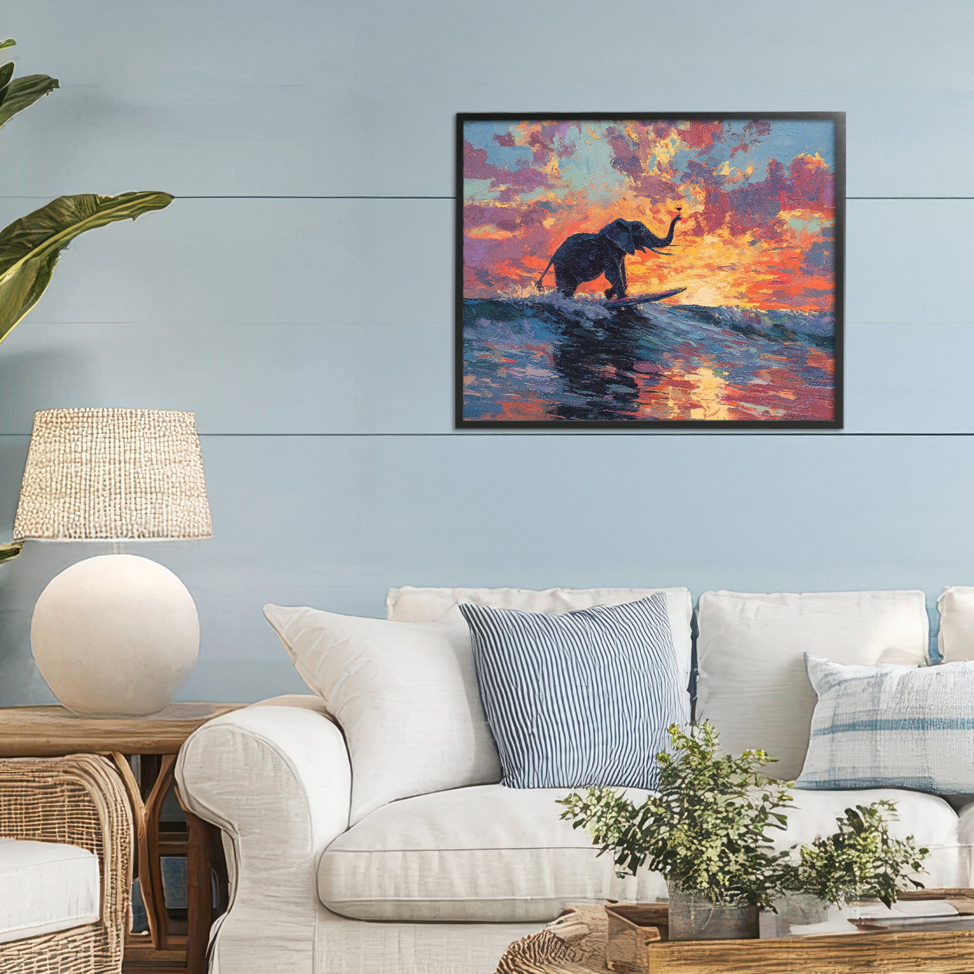 Sunset Surf Elephant Black Framed Giclee Art, design by Ziwei Li
