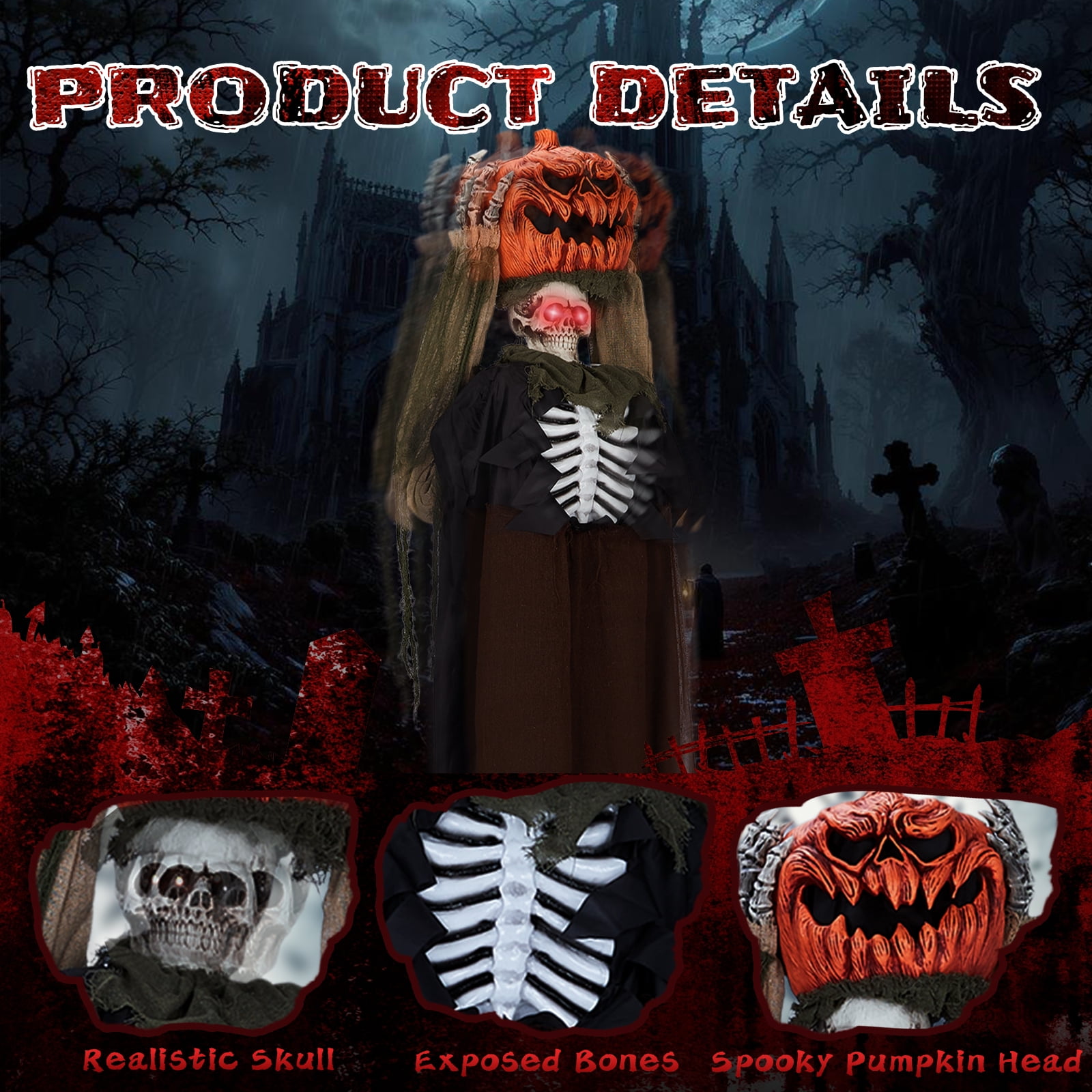 5.6ft Halloween Decorations Outdoor Life Size Animatronics Ghost with Pumpkin Head, Sound-Actived Party Decor with Creepy Sound , Scary Haunted House Props for Garden Yard Lawn