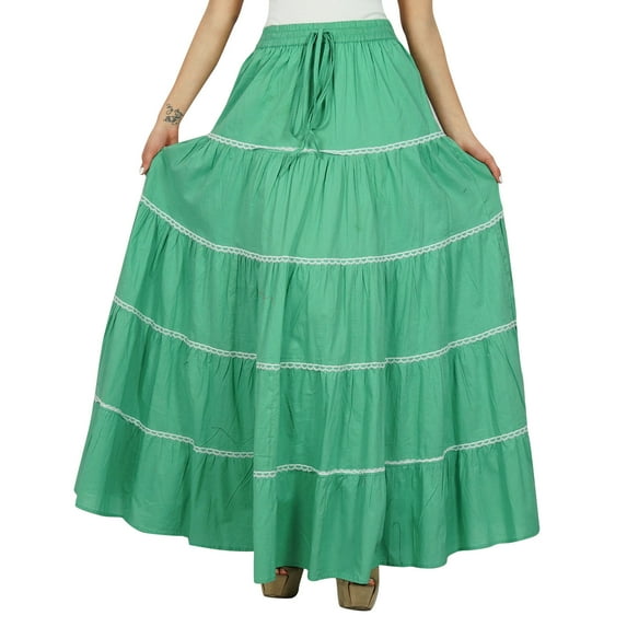 Bimba Womens Long Flaired Cotton Skirt Boho Maxi Bottoms Elastic Waist Clothing