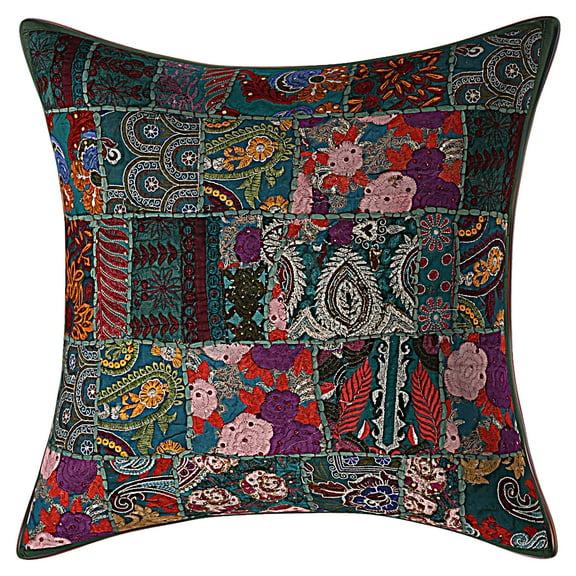 Stylo Culture Indian Sofa Throw Pillow Cover 24 x 24 Big Vintage Patchwork Floral Dark Green Bohemian 60cm x 60cm Home Decor Cotton Abstract Square Cushion Cover | 1 Pc