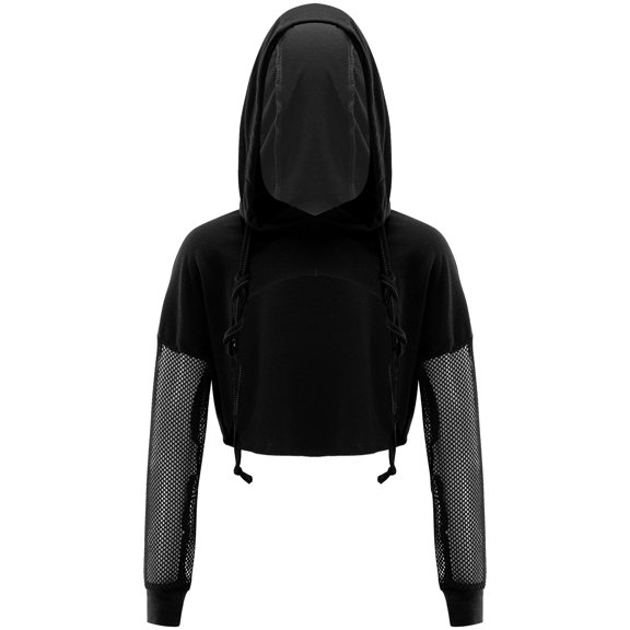 Alvivi Junior Girls Jazz Hip Hop Dance Performance Costume Drawstring Hooded Crop Top Sweatshirt Black 8
